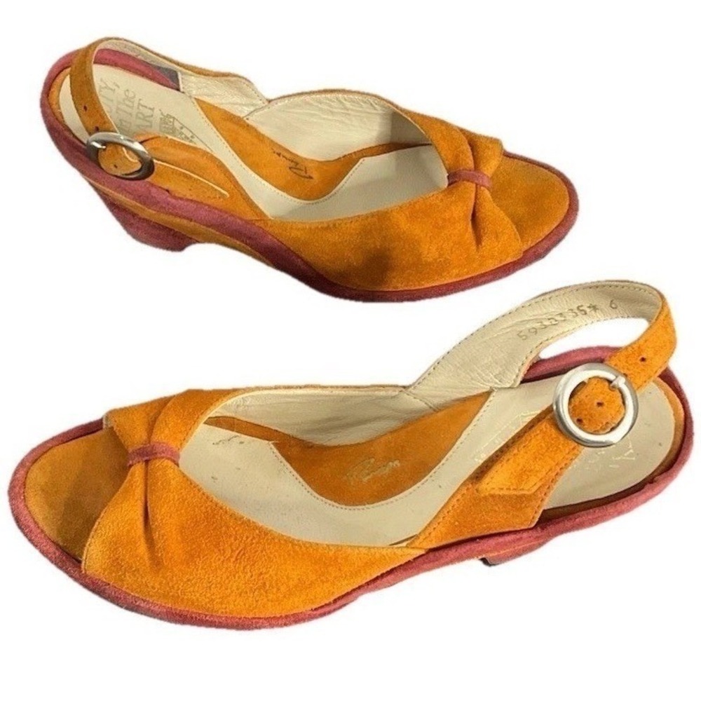 John Fluevog It's InThe Heart Orange Pink Suede Wedge Slingback Sandal